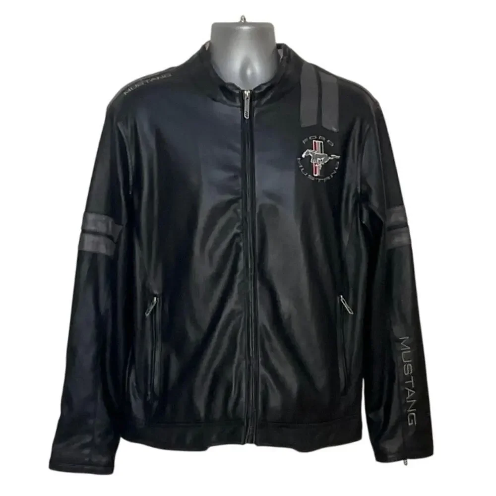 Ford Mustang Faux Leather Jacket Men’s XL Black Full Zip Embroidered Moto Coat